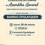 Convocatoria a asamblea – Junta Vecinal Barrio Epulafquen.