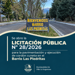 Se abre la Licitación Pública N° 28/2026 para la pavimentación y ejecución de cordón cuneta en el Barrio Las Piedritas.